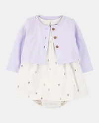 Baby 2-Piece Bodysuit Dress & Cardigan Set - Purple/White
