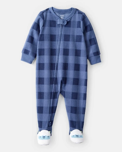 Toddler Boy Yeti Plaid Fleece Loose Fit 1-Piece Pajamas - Blue