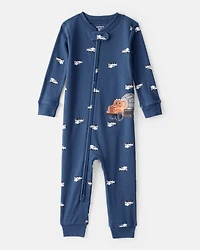 Baby Boy Construction Print 100% Cotton Long-Sleeve 2-Way Zip 1-Piece Pajamas - Blue