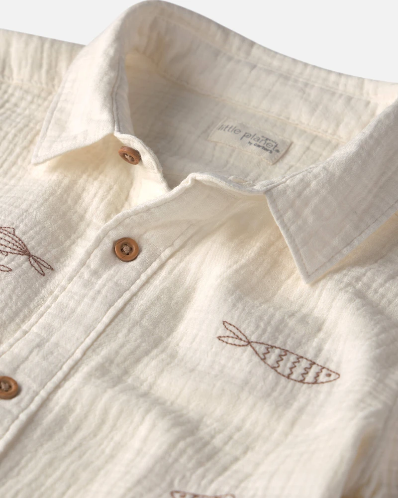 Boys 2-Piece Organic Cotton Gauze Embroidered Top & Short Set