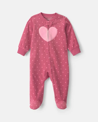 Baby Girl Heart Fleece 2-Way Zip Sleep & Play Pajamas - Pink