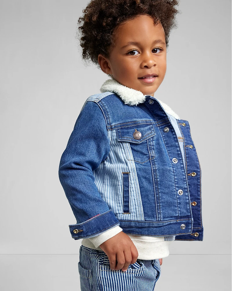 Toddler Hickory Stripe Denim Jacket with Teddy Fleece Collar - Blue