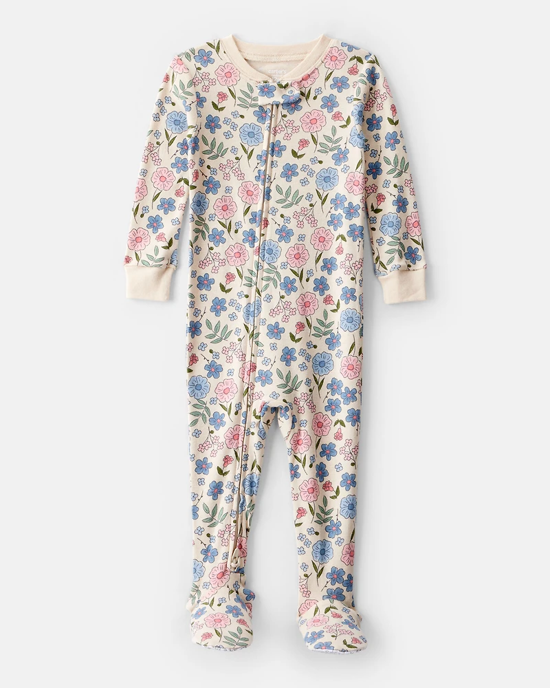 Baby Girl Floral 100% Cotton Snug Fit 2-Way Zip Footie 1-Piece Pajamas - Ivory
