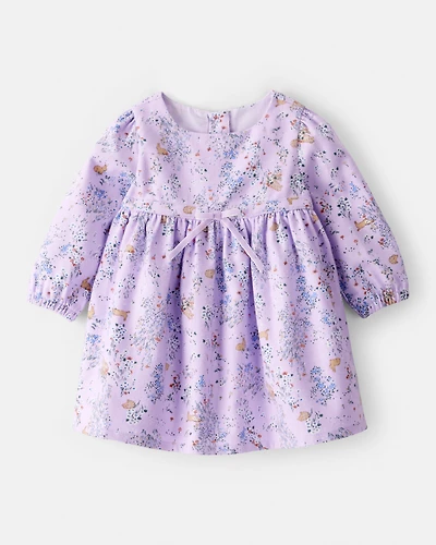 Baby Girl Floral Bunny Print  Long-Sleeve Dress - Purple