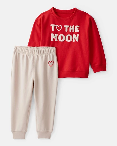 Toddler 2-Piece Valentine's Day "To the Moon" Sweatshirt & Jogger Set - Red/Tan