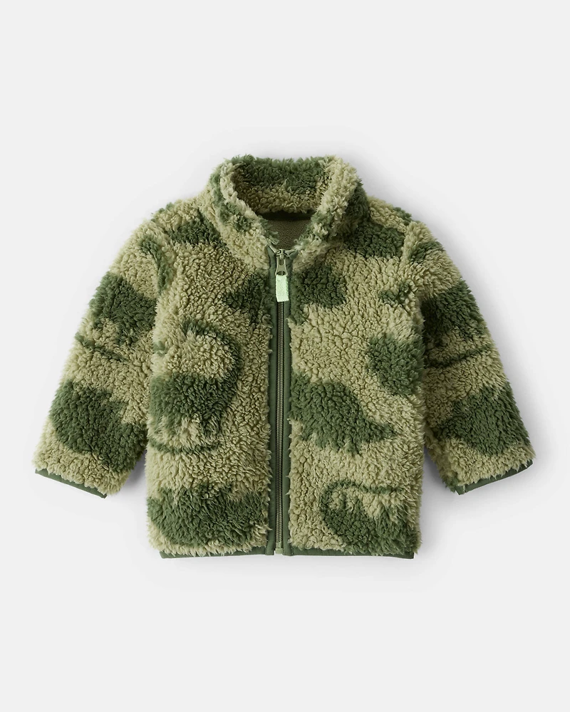 Baby Boy Dinosaur Sherpa Zip-Up Jacket - Green