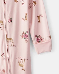 Baby Girl Deer & Floral Print PurelySoft Sleep & Play Pajamas - Pink