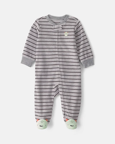 Baby Boy Monster Striped Fleece 2-Way Zip Sleep & Play Pajamas - Grey