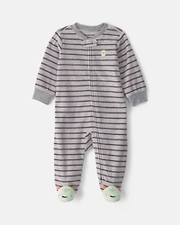 Baby Boy Monster Striped Fleece 2-Way Zip Sleep & Play Pajamas - Grey