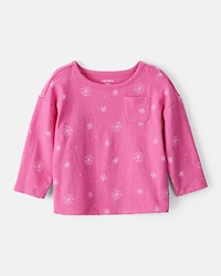 Baby Girl Snowflake Print Long-Sleeve Pocket Tee - Pink