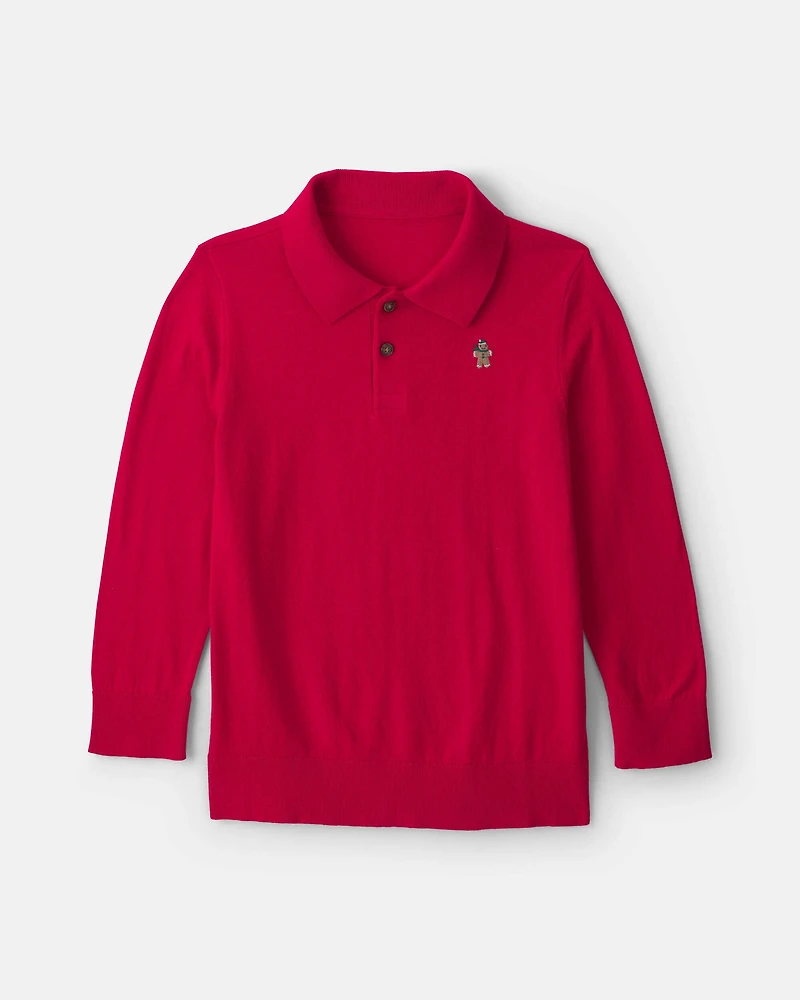 Boys Christmas Tree Long-Sleeve Polo Shirt - Red
