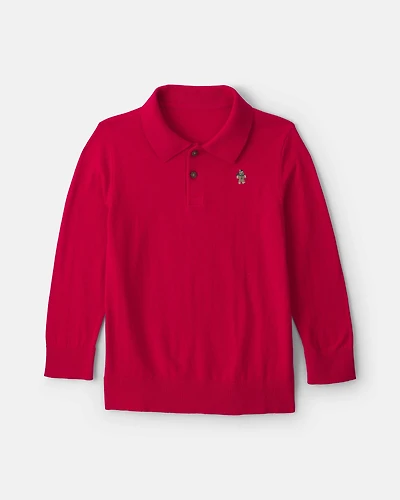 Boys Christmas Tree Long-Sleeve Polo Shirt - Red