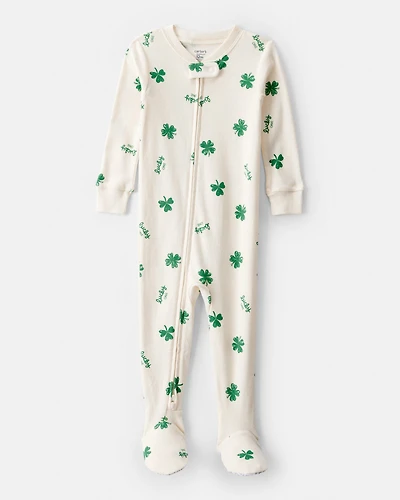 Baby St. Patrick's Day 100% Cotton Loose Fit 2-Way Zip Footie 1-Piece Pajamas - Ivory