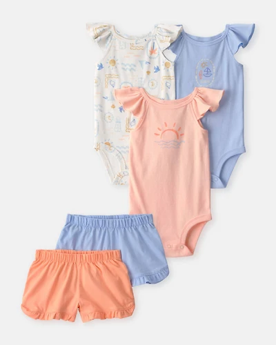 Baby Girl 5-Piece Beach Bodysuits & Shorts Set - Blue/Orange