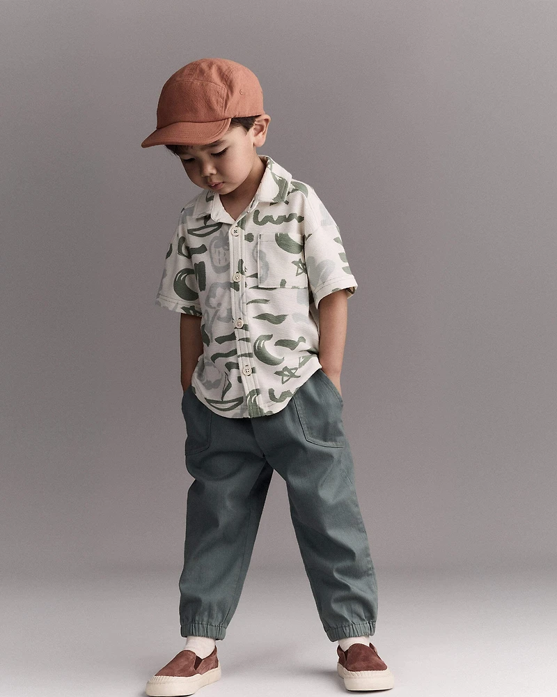 Toddler Boy Button-Down Short-Sleeve Shirt in Beach Print - Cream