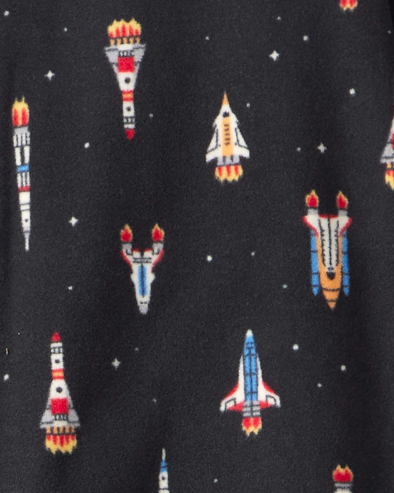 Boys Rocket Ship Print Fleece Long-Sleeve Loose Fit 1-Piece Pajamas - Black