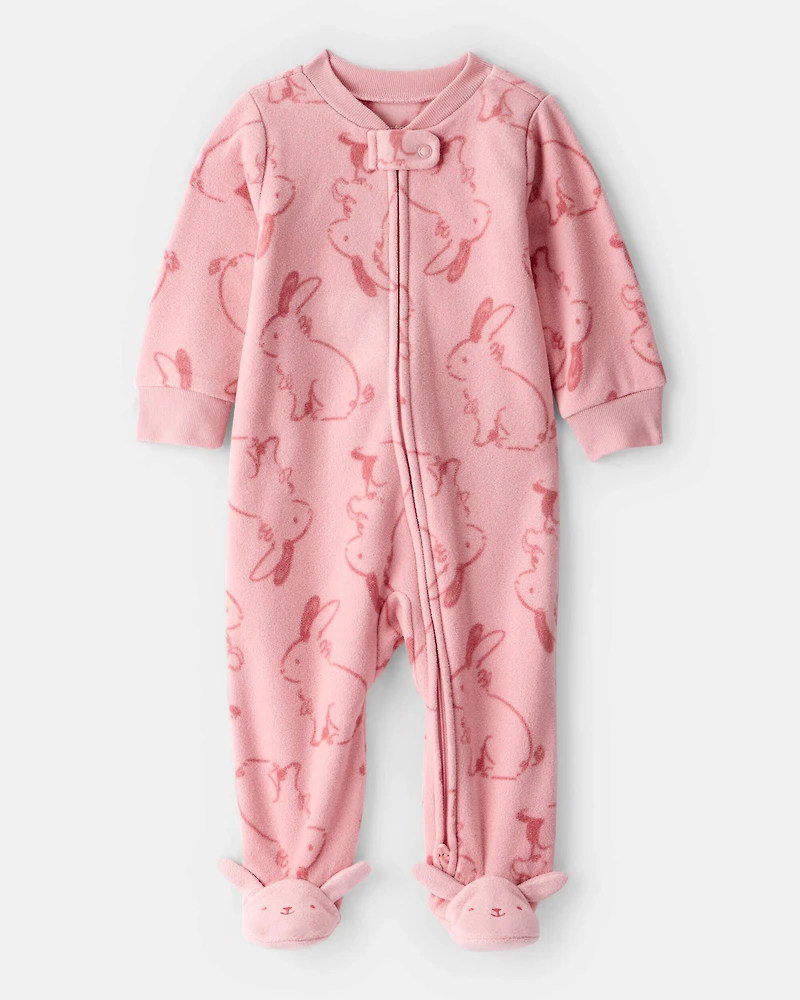 Baby Girl Bunny Print Fleece Long-Sleeve Loose Fit Sleep & Play Pajamas - Pink