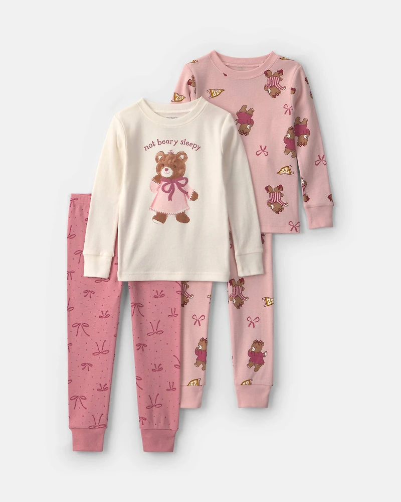 Toddler Girl 4-Piece Bear Varsity 100% Cotton Snug Fit Pajama Set - Pink/Cream