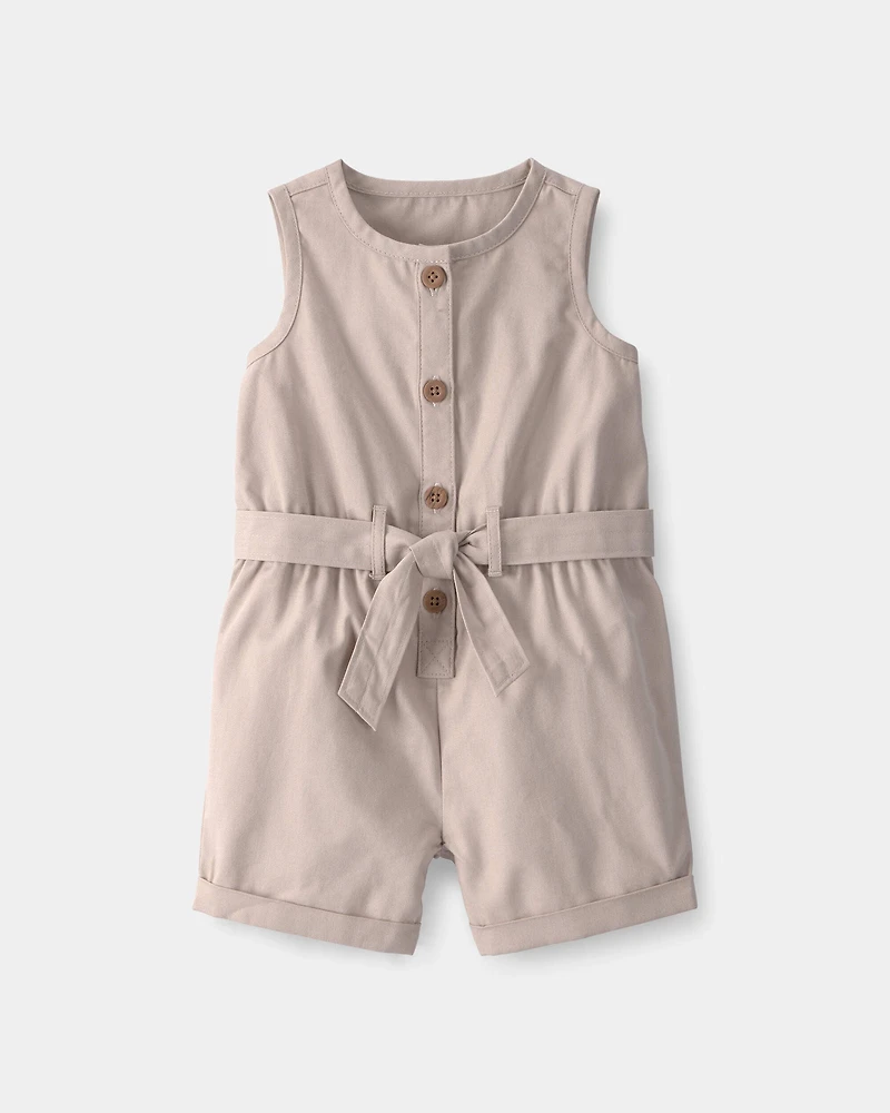 Baby Girl Canvas Sleeveless Romper - Khaki