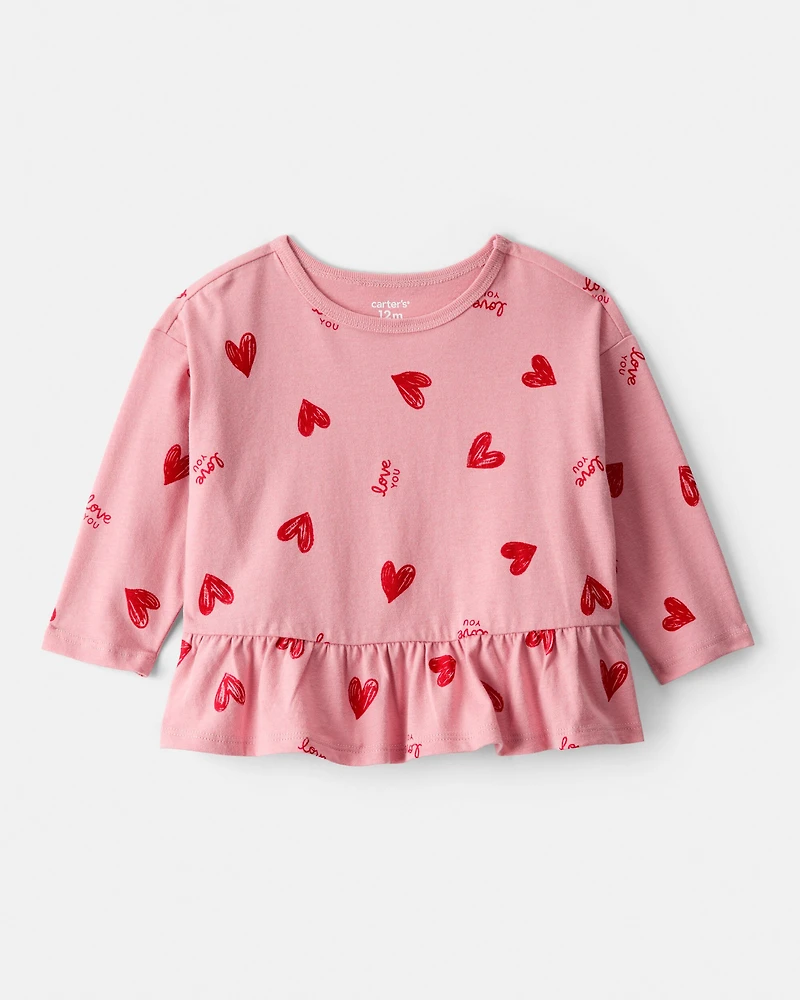 Baby Girl Heart Long-Sleeve Peplum Top - Pink