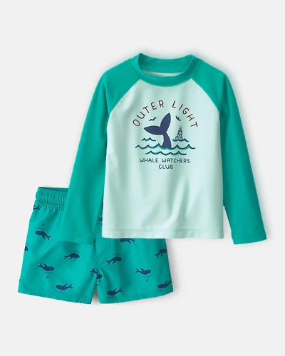 Toddler Boy 2-Piece Whale Long-Sleeve Rashguard & Swim Trunks Set - Green
