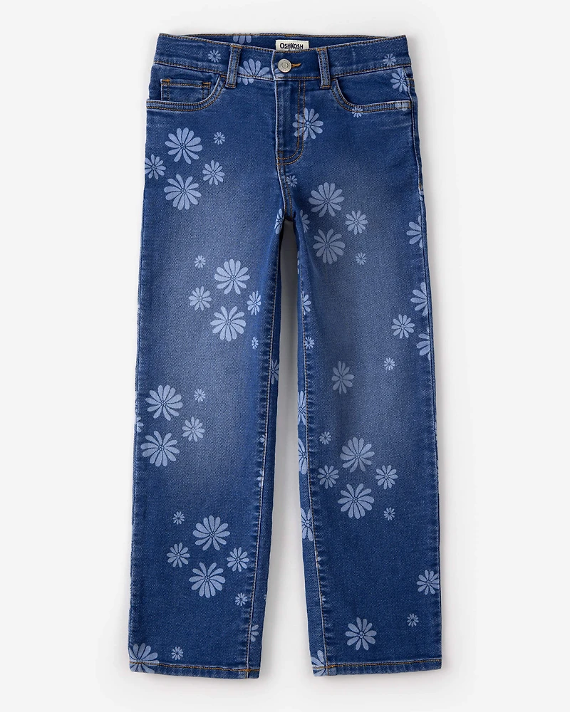 Girls Dark Wash Floral Print Denim Straight-Leg Jeans - Blue