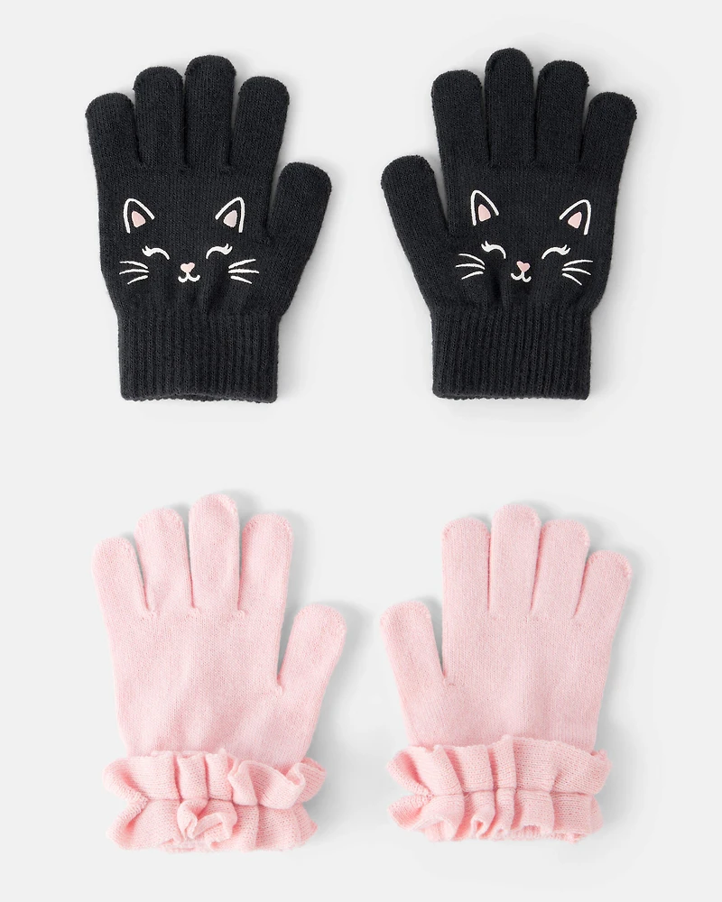 Girls 2-Pack Cat Winter Gloves - Black/Pink