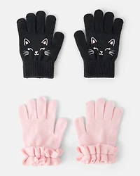 Girls 2-Pack Cat Winter Gloves - Black/Pink