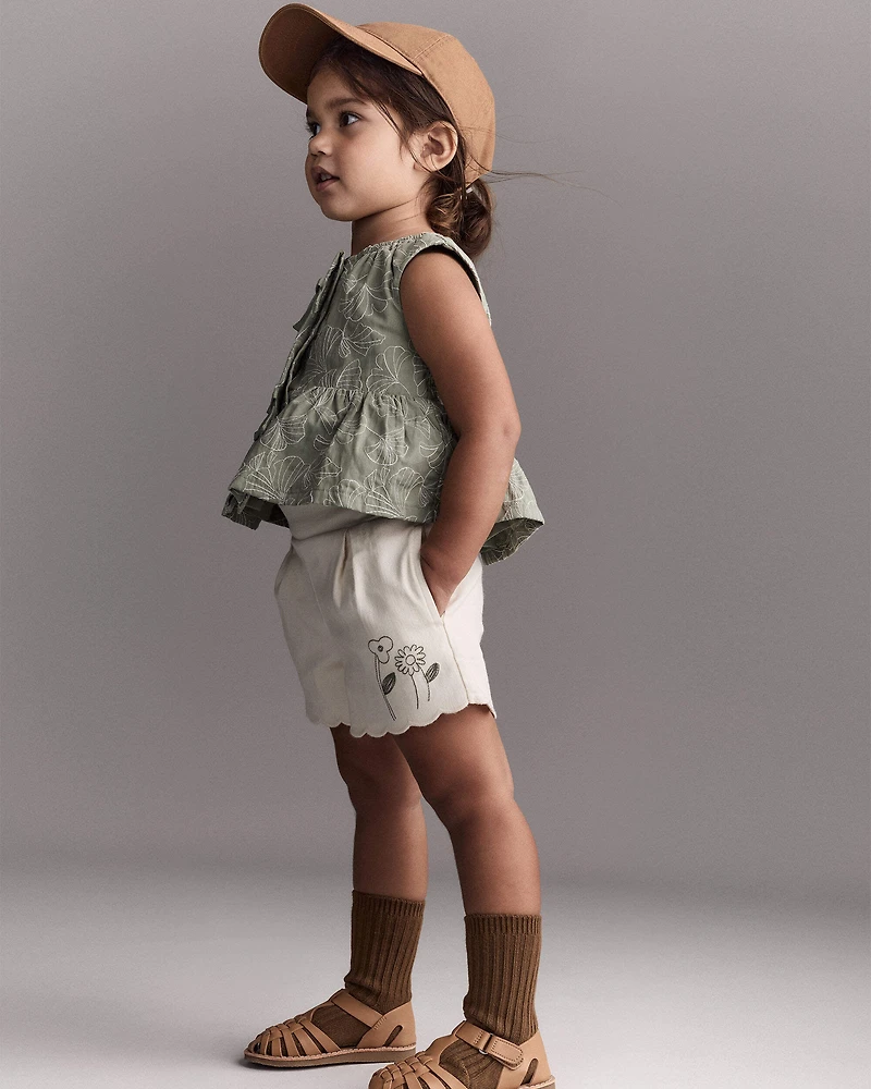 Toddler Girl Floral Scalloped Shorts - Cream