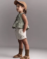 Toddler Girl Floral Scalloped Shorts - Cream