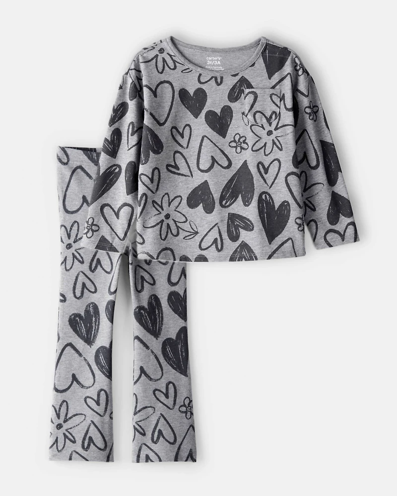 Baby Girl 2-Piece Heart Print Top & Flare Stretch Leggings Set - Grey