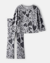Baby Girl 2-Piece Heart Print Top & Flare Stretch Leggings Set - Grey