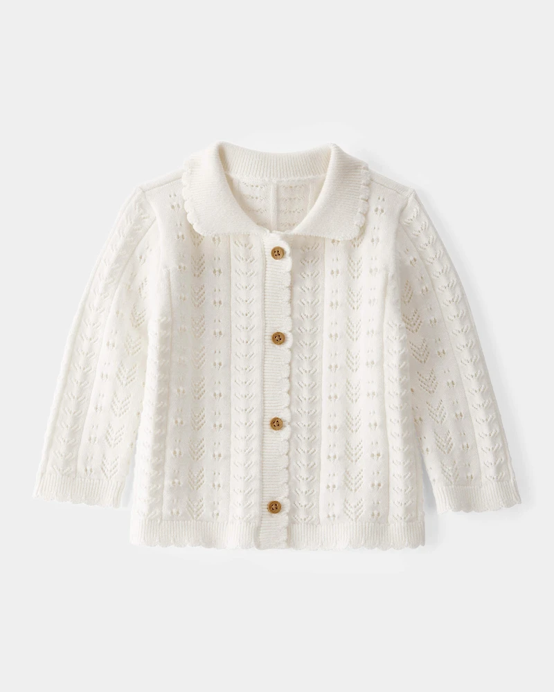 Baby Girl Pointelle Button-Down Collared Cardigan - Ivory