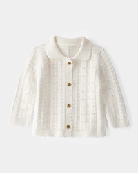 Baby Girl Pointelle Button-Down Collared Cardigan - Ivory