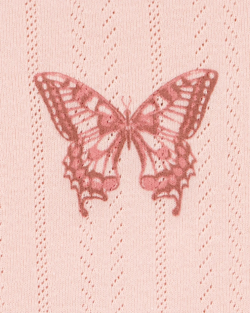 Kid 2-Piece Butterfly Pointelle Tee & Chiffon Skirt Set - Pink