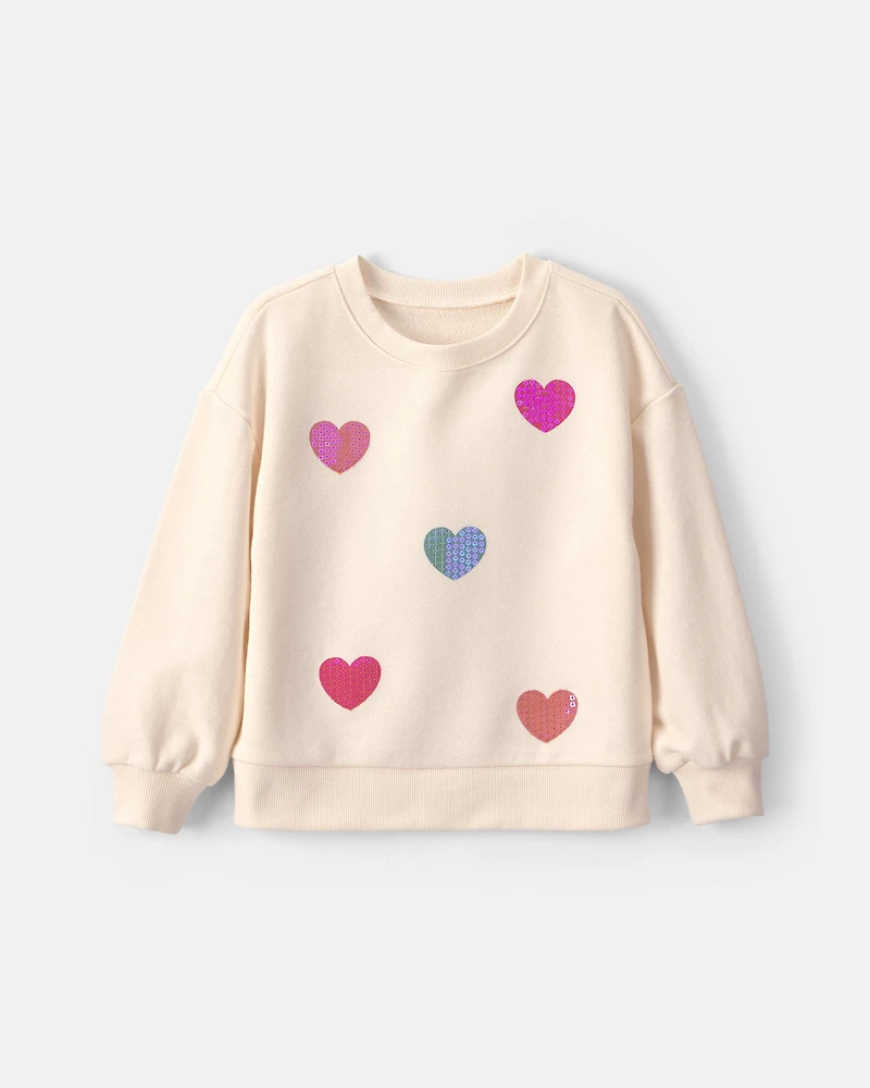 Toddler Girl Sequin Heart French Terry Pullover Sweatshirt - Cream