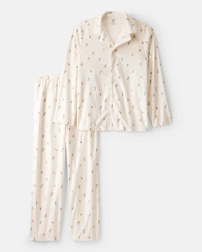 Adult Mini Christmas Long-Sleeve Loose Fit 2-Piece Pajamas - White