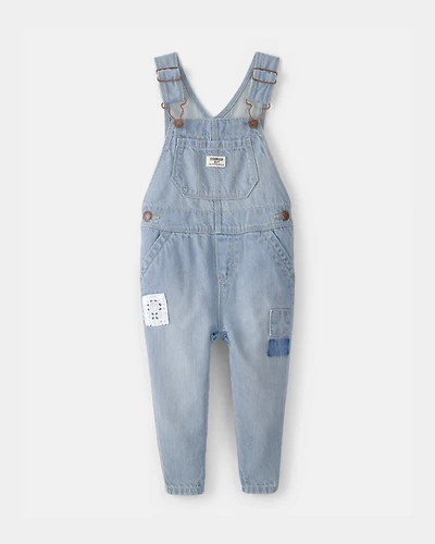 Baby Girl Denim Patch Overalls - Light Wash