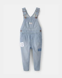 Baby Girl Denim Patch Overalls - Light Wash