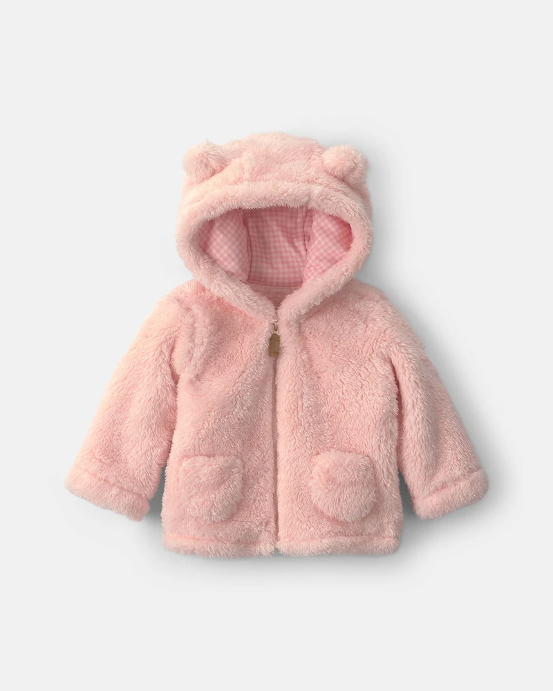Baby Girl Bear Teddy Fleece Zip-Up Hoodie - Pink