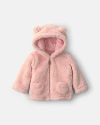 Baby Girl Bear Teddy Fleece Zip-Up Hoodie - Pink