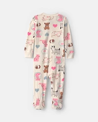 Baby Girl 1-Piece Pets 2-Way Zip DreamPlush Snug Fit Footed Pajama - Cream