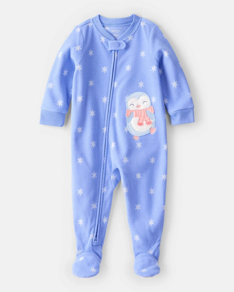 Baby Girl Penguin Print Fleece Long-Sleeve Loose Fit 1-Piece Pajamas - Blue