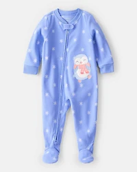 Baby Girl Penguin Print Fleece Long-Sleeve Loose Fit 1-Piece Pajamas - Blue