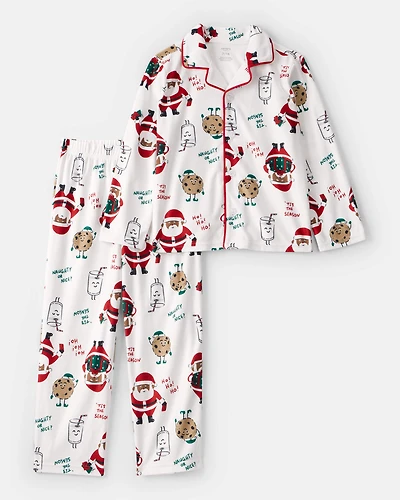 Kid Brown Santa Milk & Cookies Long-Sleeve Loose Fit 2-Piece Pajamas - White
