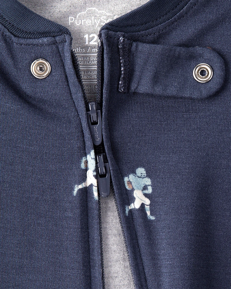 Baby Boy Football Print PurelySoft Long-Sleeve 2-Way Zip 1-Piece Pajamas - Navy Blue