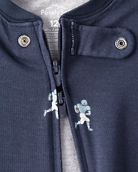 Baby Boy Football Print PurelySoft Long-Sleeve 2-Way Zip 1-Piece Pajamas - Navy Blue