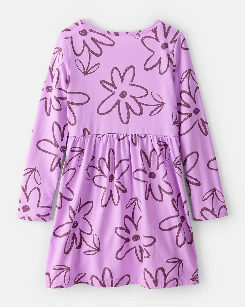 Girls Floral Long-Sleeve Dress - Purple
