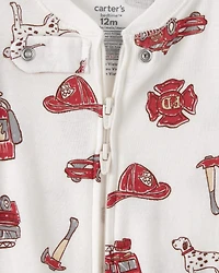 Baby Boy Firetruck 100% Cotton Snug Fit 1-Piece Pajama Set - White