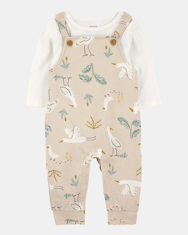 Baby 2-Piece Bird Print Long-Sleeve Tee & Overall Set